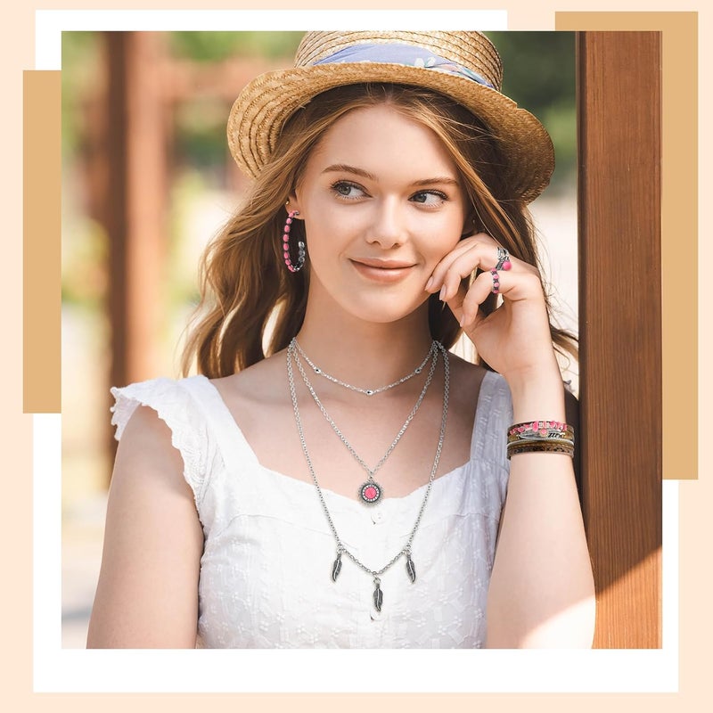 Ecally Store Bohemian Western Jewelry Turquoise Set Women Country Pendant Long Choker Layered Bracelets Earrings Ring for Women - Image 5